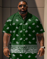 Big Men's Casual Vacation Vintage Green Paisley Print Shirt Shorts Set